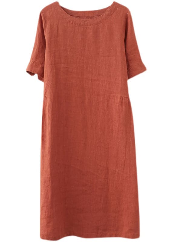 Women Orange Solid O-Neck Linen Dresses Short Sleeve