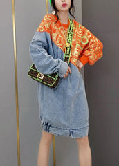 Women Red O-Neck print knit Patchwork denim Dresses Spring