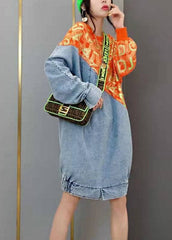 Women Red O-Neck print knit Patchwork denim Dresses Spring