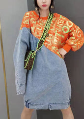 Women Red O-Neck print knit Patchwork denim Dresses Spring