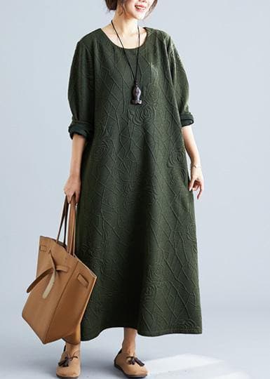 Robe en coton vert armée pour femme, col rond, jacquard, robe d'automne