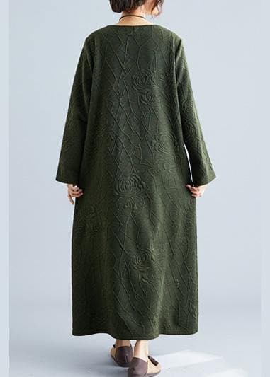 Robe en coton vert armée pour femme, col rond, jacquard, robe d'automne