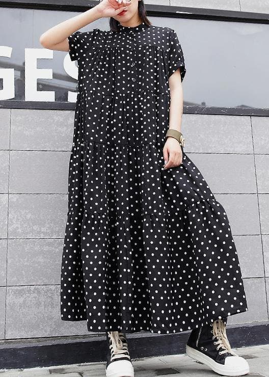 Schwarzes gepunktetes Baumwollkleid für Damen mit Stehkragen, Maxi-Sommerkleid