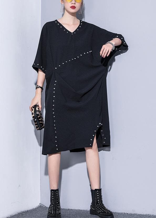 Women black v neck Cotton quilting clothes Rivet summer Dresses