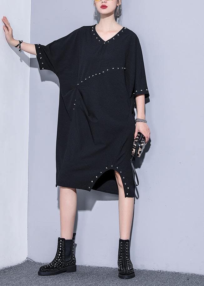 Women black v neck Cotton quilting clothes Rivet summer Dresses