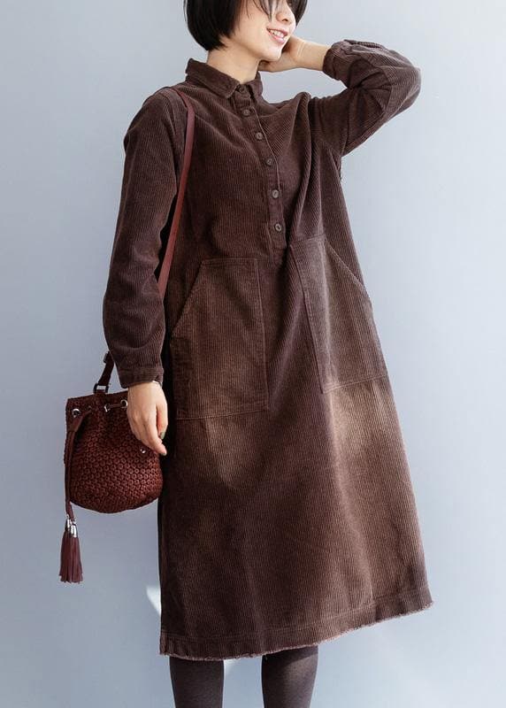 Robe en coton marron pour femme, robe à col à revers, ouverte sur le côté