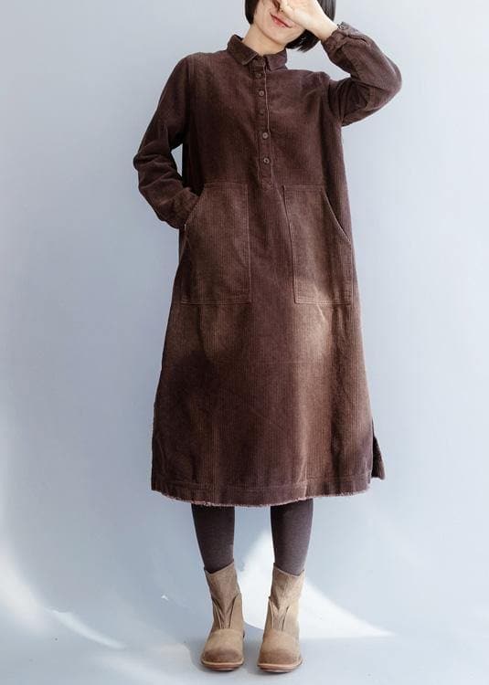 Robe en coton marron pour femme, robe à col à revers, ouverte sur le côté