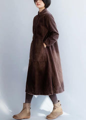 Robe en coton marron pour femme, robe à col à revers, ouverte sur le côté