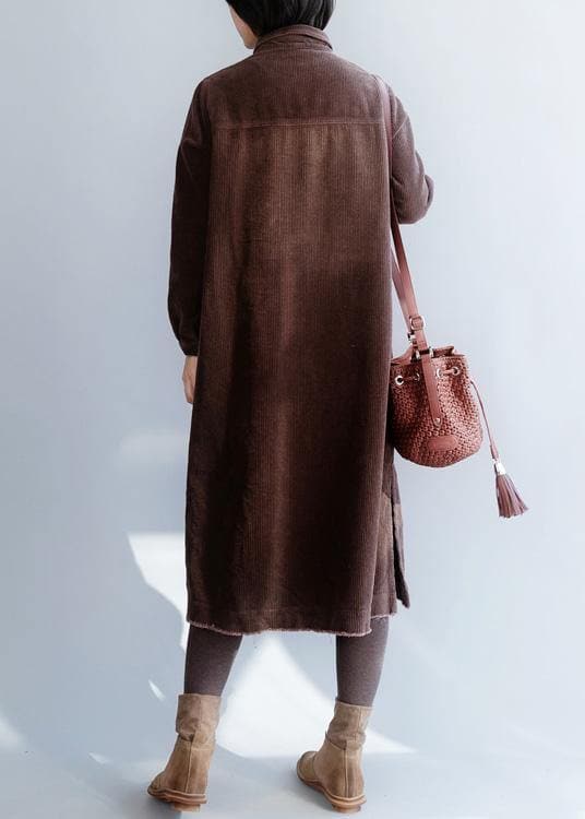 Robe en coton marron pour femme, robe à col à revers, ouverte sur le côté