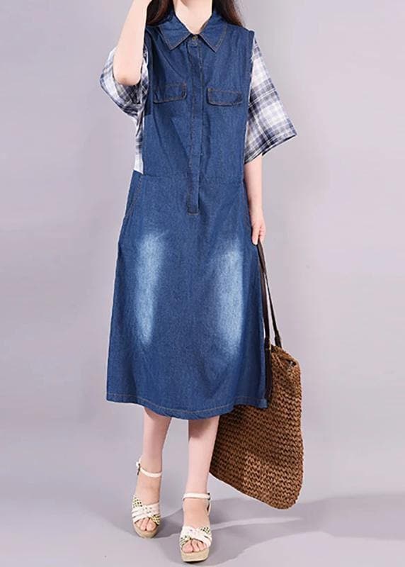 Women cotton quilting clothes Fine Plaid Spliced Denim Fake Two Piece Dress