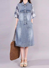 Women cotton quilting clothes Fine Plaid Spliced Denim Fake Two Piece Dress