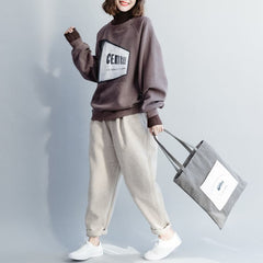 Vêtements en coton gris pour femmes Tissus pour femmes Haut ample à col rond avec lettres