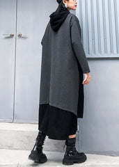 Women gray cotton quilting clothes hooded patchwork loose fall Dress