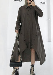 Women gray green Cotton 0lapel collar baggy asymmetric Dresses