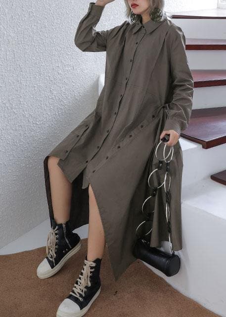 Women gray green Cotton 0lapel collar baggy asymmetric Dresses