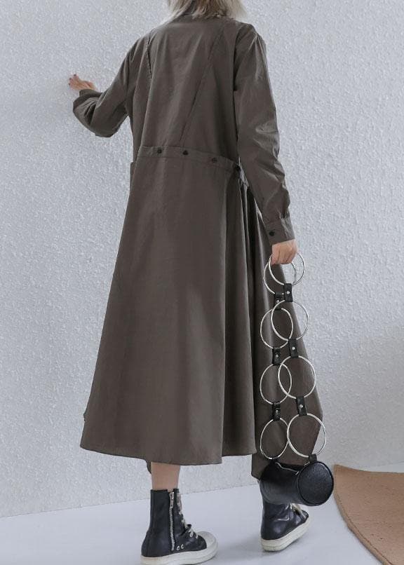 Women gray green Cotton 0lapel collar baggy asymmetric Dresses