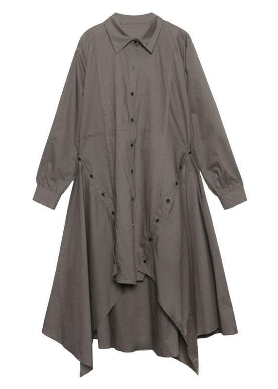 Women gray green Cotton 0lapel collar baggy asymmetric Dresses