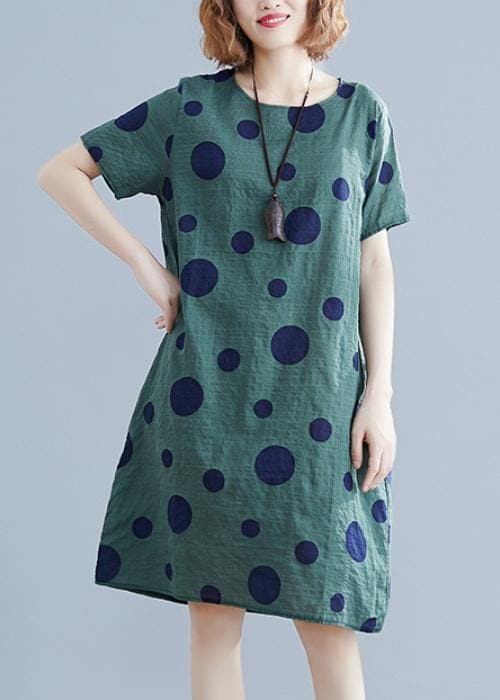 Robe ample en coton à pois verts pour femmes avec col rond et poches