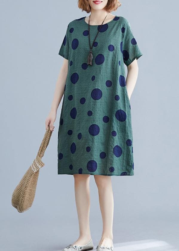 Robe ample en coton à pois verts pour femmes avec col rond et poches