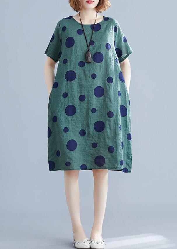 Robe ample en coton à pois verts pour femmes avec col rond et poches