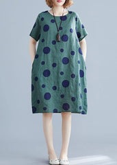 Robe ample en coton à pois verts pour femmes avec col rond et poches