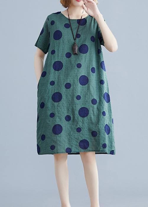 Robe ample en coton à pois verts pour femmes avec col rond et poches