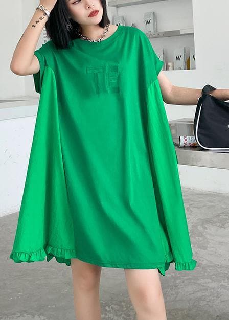 Women green embroidery Cotton Tunics o neck Midi summer Dress