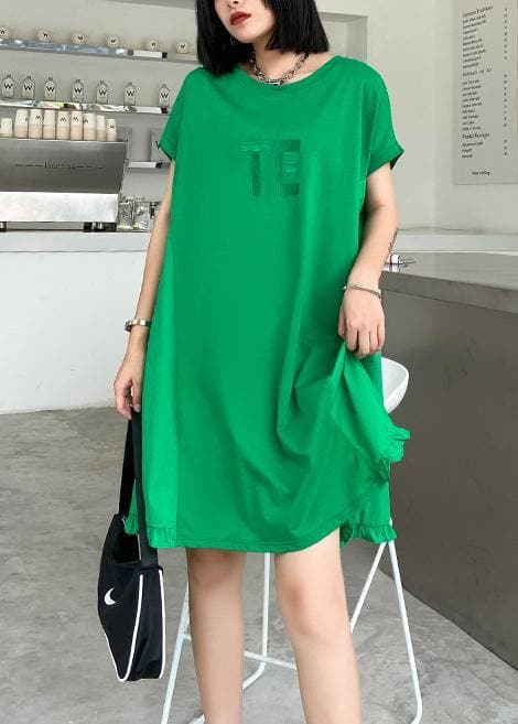 Women green embroidery Cotton Tunics o neck Midi summer Dress