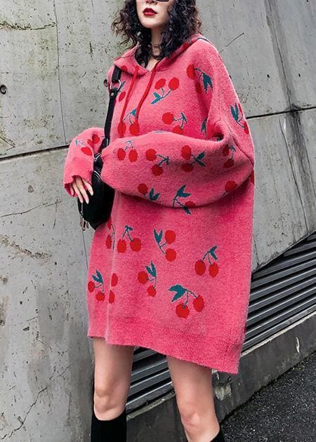 Damen Pulloverkleid mit Kapuze und Kordelzug im Street-Style, rosa Kirschdruck, Mujer-Pulloverkleid