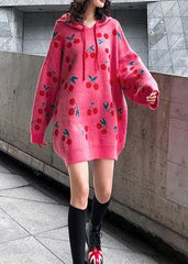 Damen Pulloverkleid mit Kapuze und Kordelzug im Street-Style, rosa Kirschdruck, Mujer-Pulloverkleid