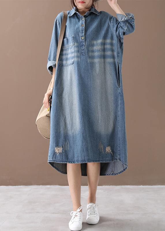 Robe de printemps à revers pour femme, tenue en denim bleu