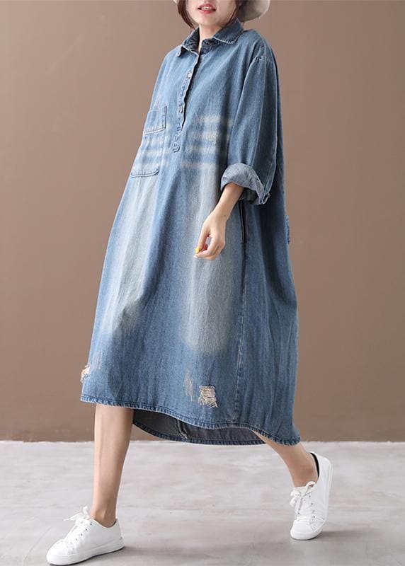 Robe de printemps à revers pour femme, tenue en denim bleu