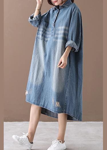 Robe de printemps à revers pour femme, tenue en denim bleu