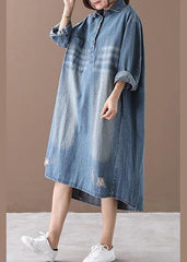 Robe de printemps à revers pour femme, tenue en denim bleu