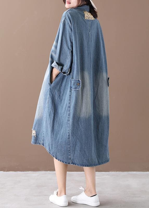 Robe de printemps à revers pour femme, tenue en denim bleu