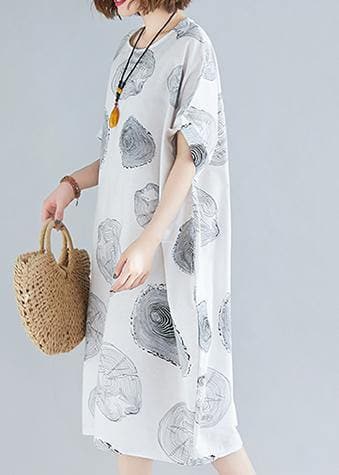 Robe ample à col rond pour femme, vêtements d'été en coton et lin, imprimé blanc