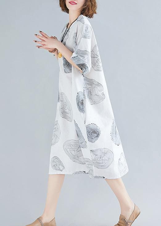 Robe ample à col rond pour femme, vêtements d'été en coton et lin, imprimé blanc