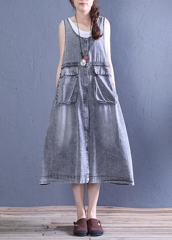 Women o neck pockets Cotton summer Tunics Tutorials denim blue Dresses