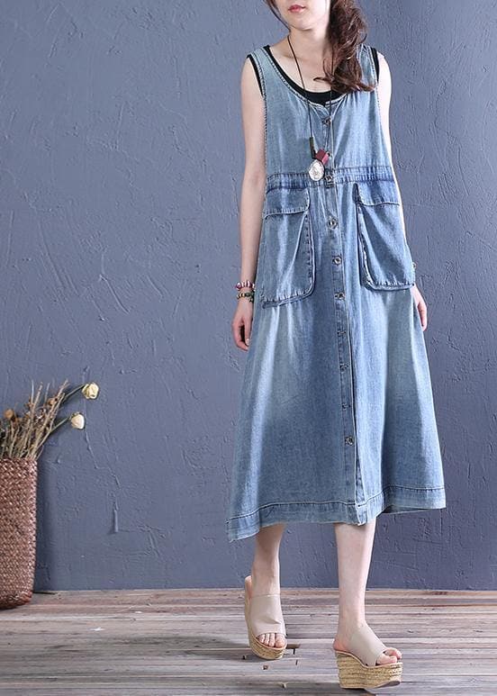 Women o neck pockets Cotton summer Tunics Tutorials denim blue Dresses