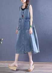 Women o neck pockets Cotton summer Tunics Tutorials denim blue Dresses