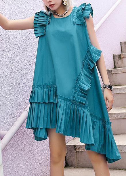 Women o neck Cinched Cotton Wardrobes blue green Dresses