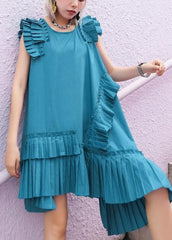 Women o neck Cinched Cotton Wardrobes blue green Dresses