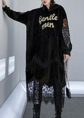 Robe longue noire à capuche avec motif alphabet en patchwork de dentelle pour femmes