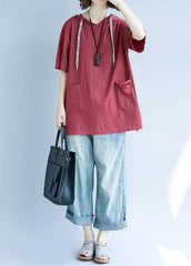 Women red cotton tunic top hooded pockets Dresses summer top