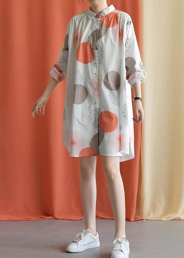 Women red dotted Cotton tunic pattern lapel asymmetric baggy fall Dresses