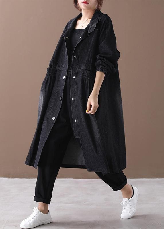 Women stand collar Cinched Fashion coat denim black loose outwears