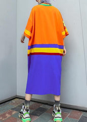 Women v neck half sleeve cotton clothes Inspiration orange blue patchwork Plus Size Dress summer