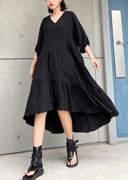 Women v neck low high design cotton summer black Kaftan Dress