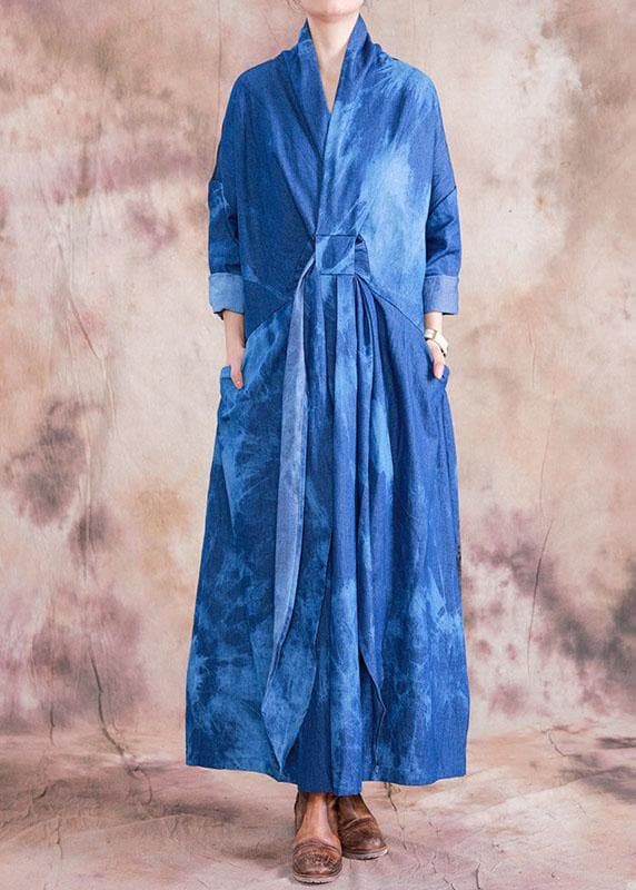 Women v neck tie waist cotton clothes denim blue A Line Dress fall