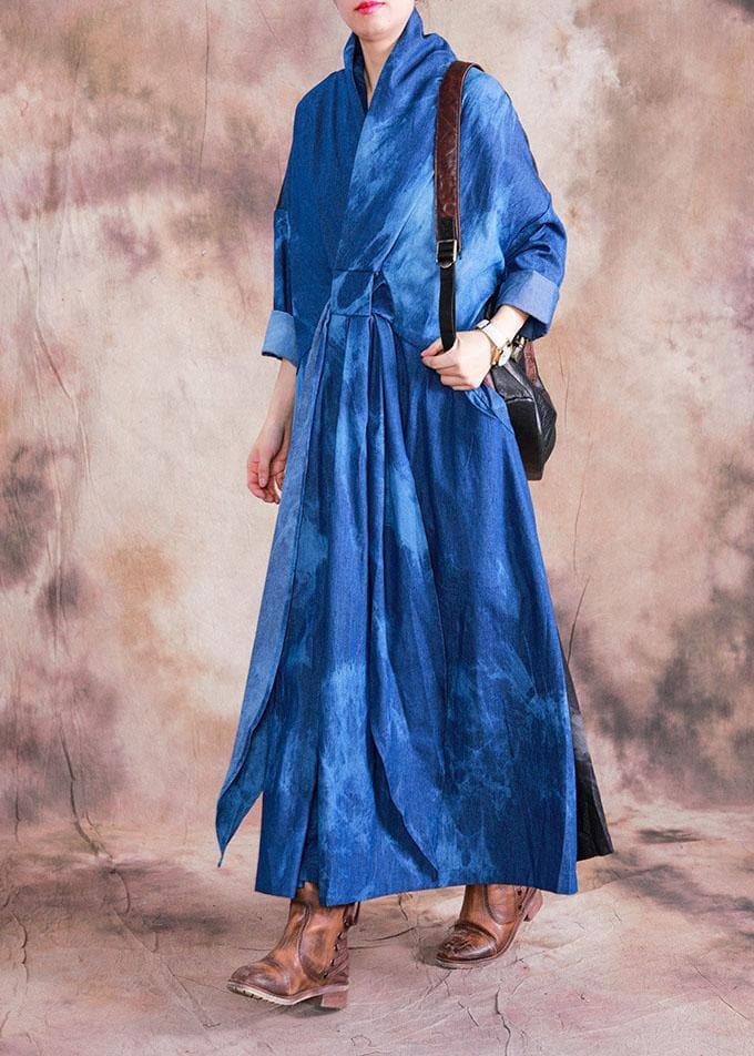 Women v neck tie waist cotton clothes denim blue A Line Dress fall